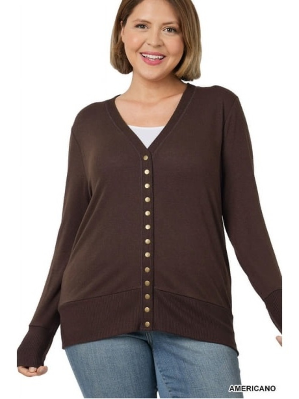 Zenana Outfitters Brown V-Neck Knit Button-up Cardigan- 1X